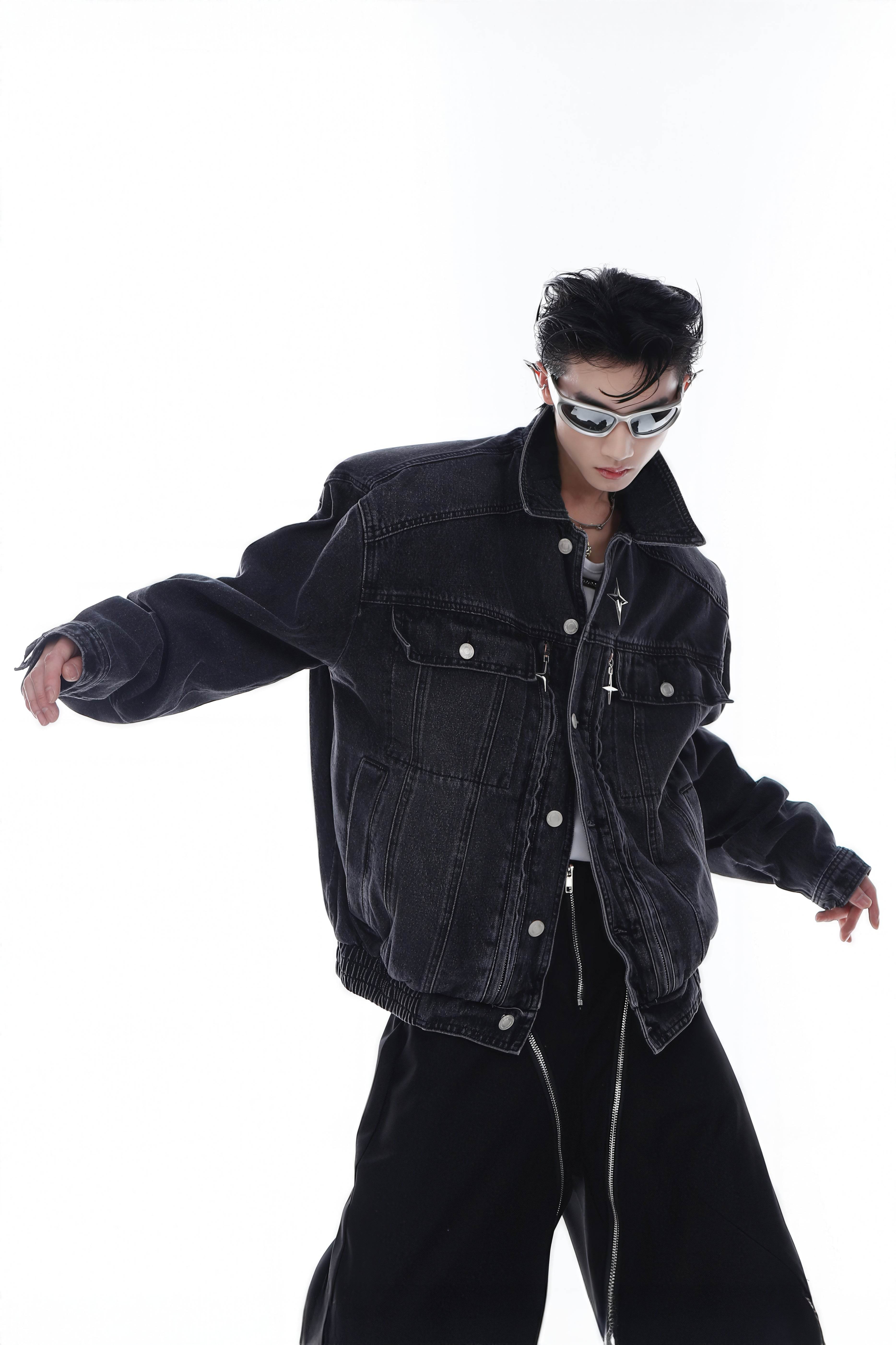 Heavyweight Denim Jacket - Washed Shoulder Pads & Metal Zipper Design - 4inme