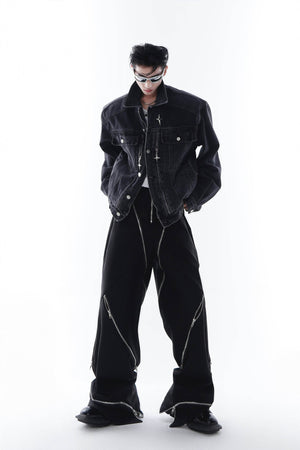Heavyweight Denim Jacket - Washed Shoulder Pads & Metal Zipper Design - 4inme