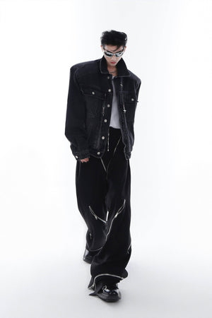 Heavyweight Denim Jacket - Washed Shoulder Pads & Metal Zipper Design - 4inme