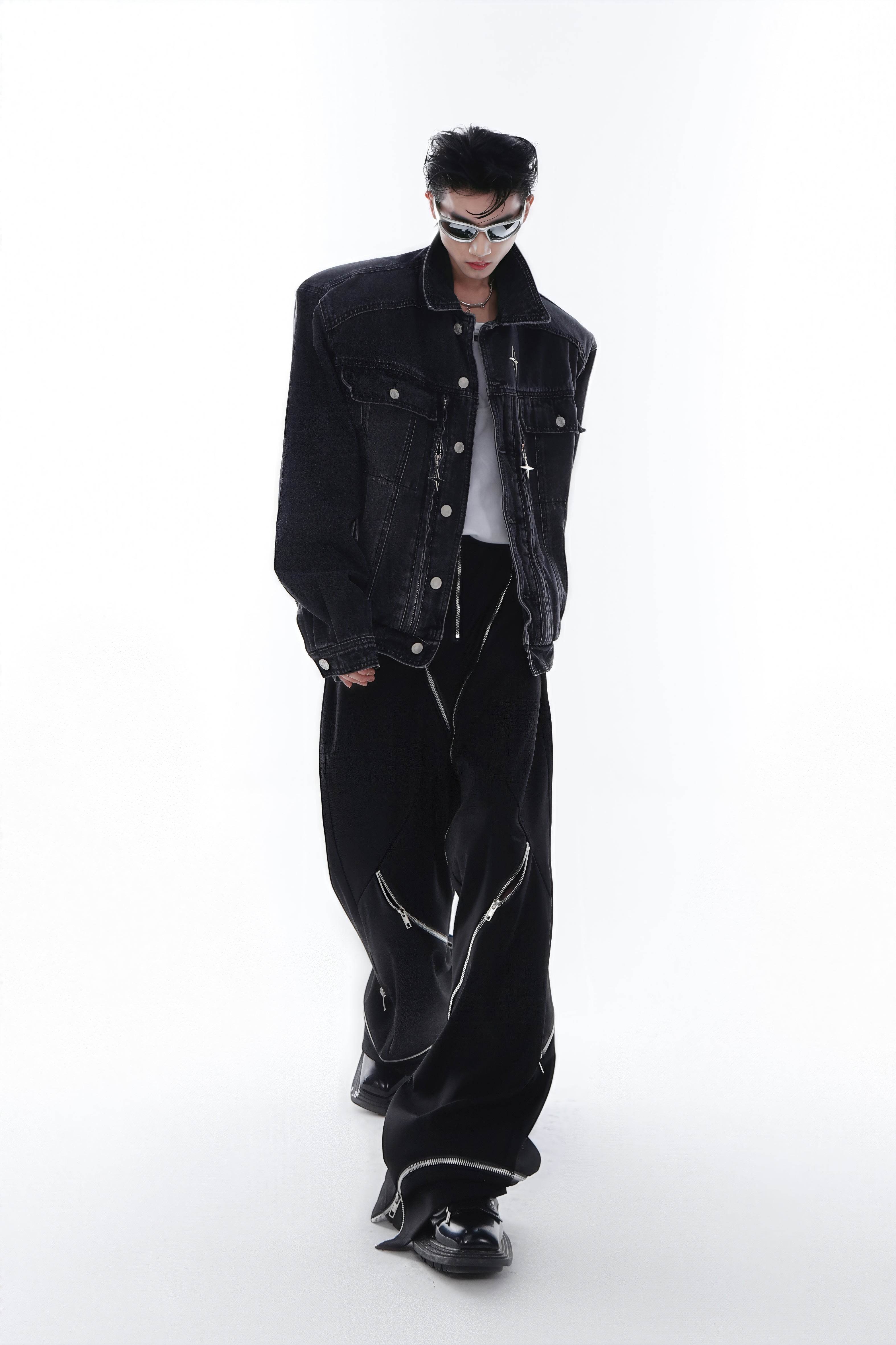 Heavyweight Denim Jacket - Washed Shoulder Pads & Metal Zipper Design - 4inme