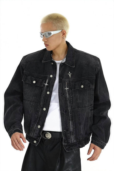 Heavyweight Denim Jacket - Washed Shoulder Pads & Metal Zipper Design - 4inme