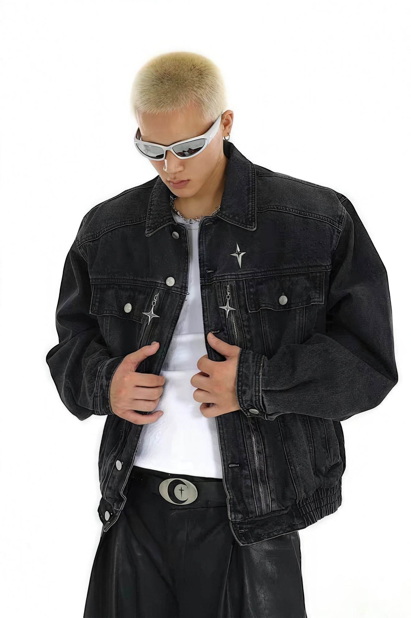 Heavyweight Denim Jacket - Washed Shoulder Pads & Metal Zipper Design - 4inme