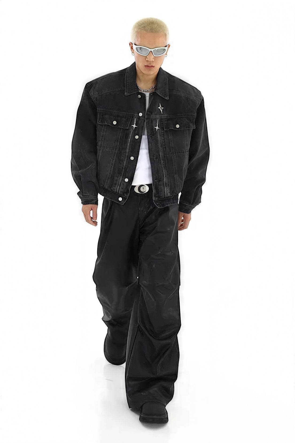 Heavyweight Denim Jacket - Washed Shoulder Pads & Metal Zipper Design - 4inme