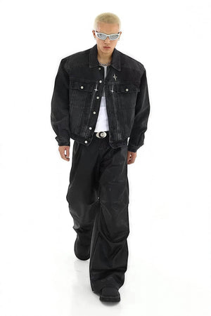 Heavyweight Denim Jacket - Washed Shoulder Pads & Metal Zipper Design - 4inme