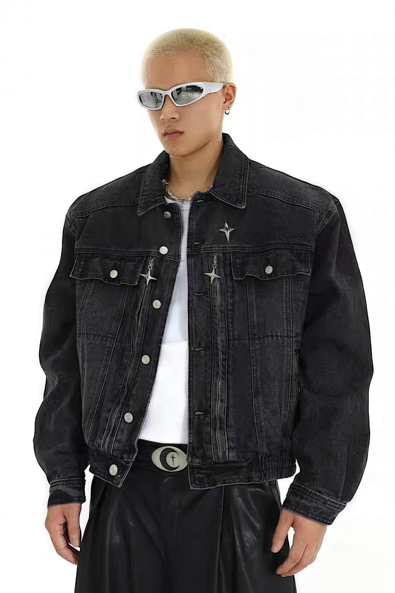 Heavyweight Denim Jacket - Washed Shoulder Pads & Metal Zipper Design - 4inme
