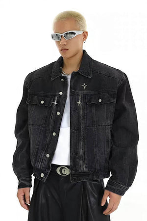 Heavyweight Denim Jacket - Washed Shoulder Pads & Metal Zipper Design - 4inme