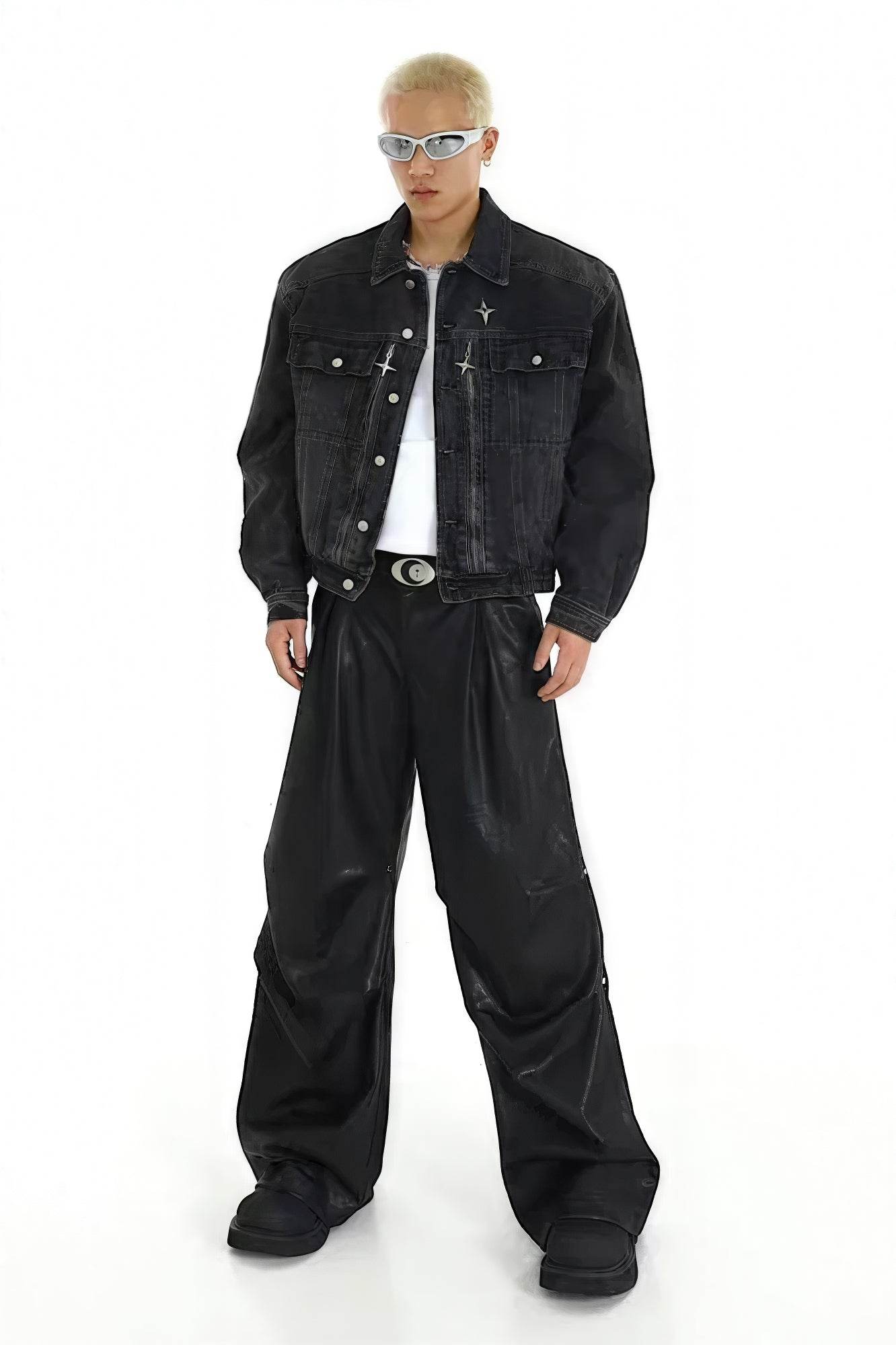 Heavyweight Denim Jacket - Washed Shoulder Pads & Metal Zipper Design - 4inme