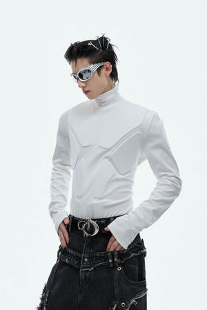 Heavy-Duty Armor-Inspired Black High Neck Long Sleeve Top - Slim Fit & Versatile - 4inme