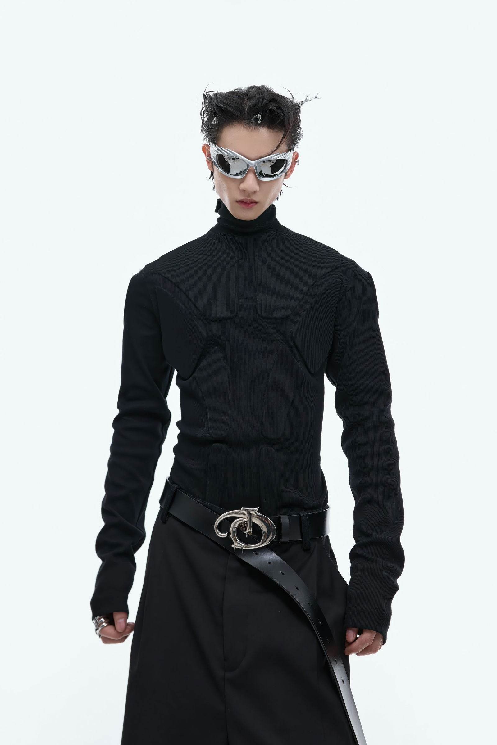 Heavy-Duty Armor-Inspired Black High Neck Long Sleeve Top - Slim Fit & Versatile - 4inme