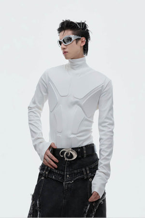 Heavy-Duty Armor-Inspired Black High Neck Long Sleeve Top - Slim Fit & Versatile - 4inme