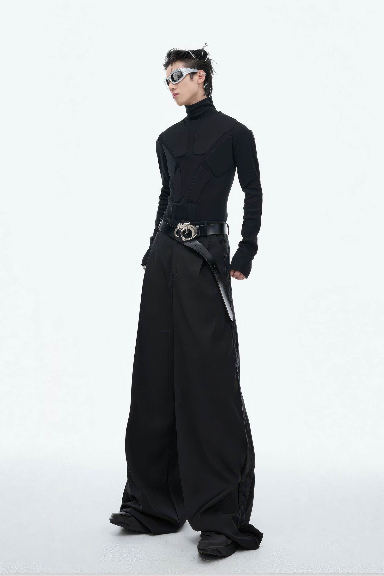 Heavy-Duty Armor-Inspired Black High Neck Long Sleeve Top - Slim Fit & Versatile - 4inme