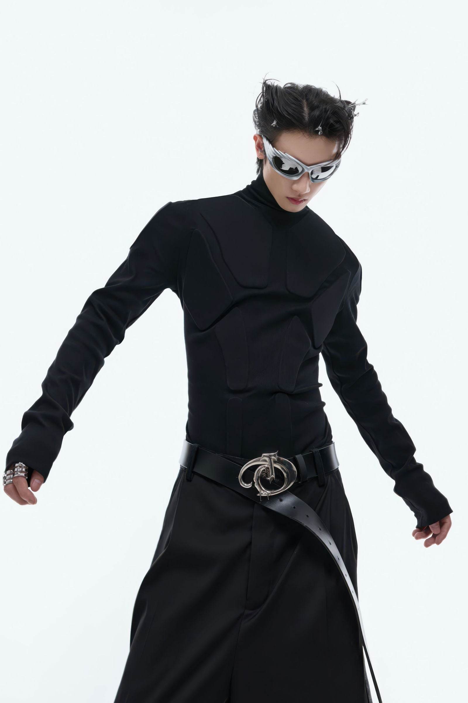 Heavy-Duty Armor-Inspired Black High Neck Long Sleeve Top - Slim Fit & Versatile - 4inme