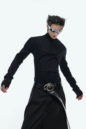 Heavy-Duty Armor-Inspired Black High Neck Long Sleeve Top - Slim Fit & Versatile - 4inme