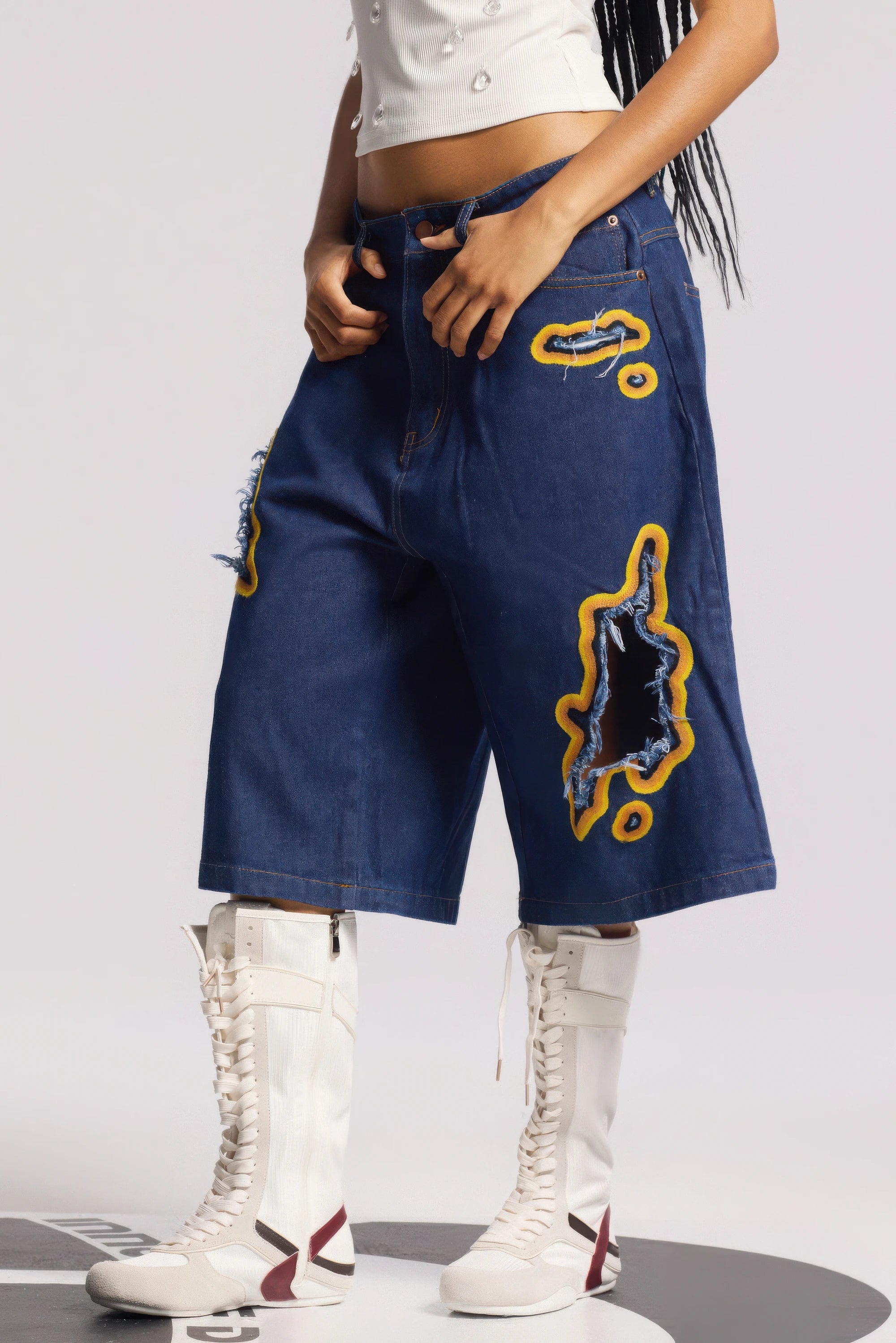 Flame Burnout Distressed Denim Shorts – Bold, Streetwear-Inspired Design - 4inme