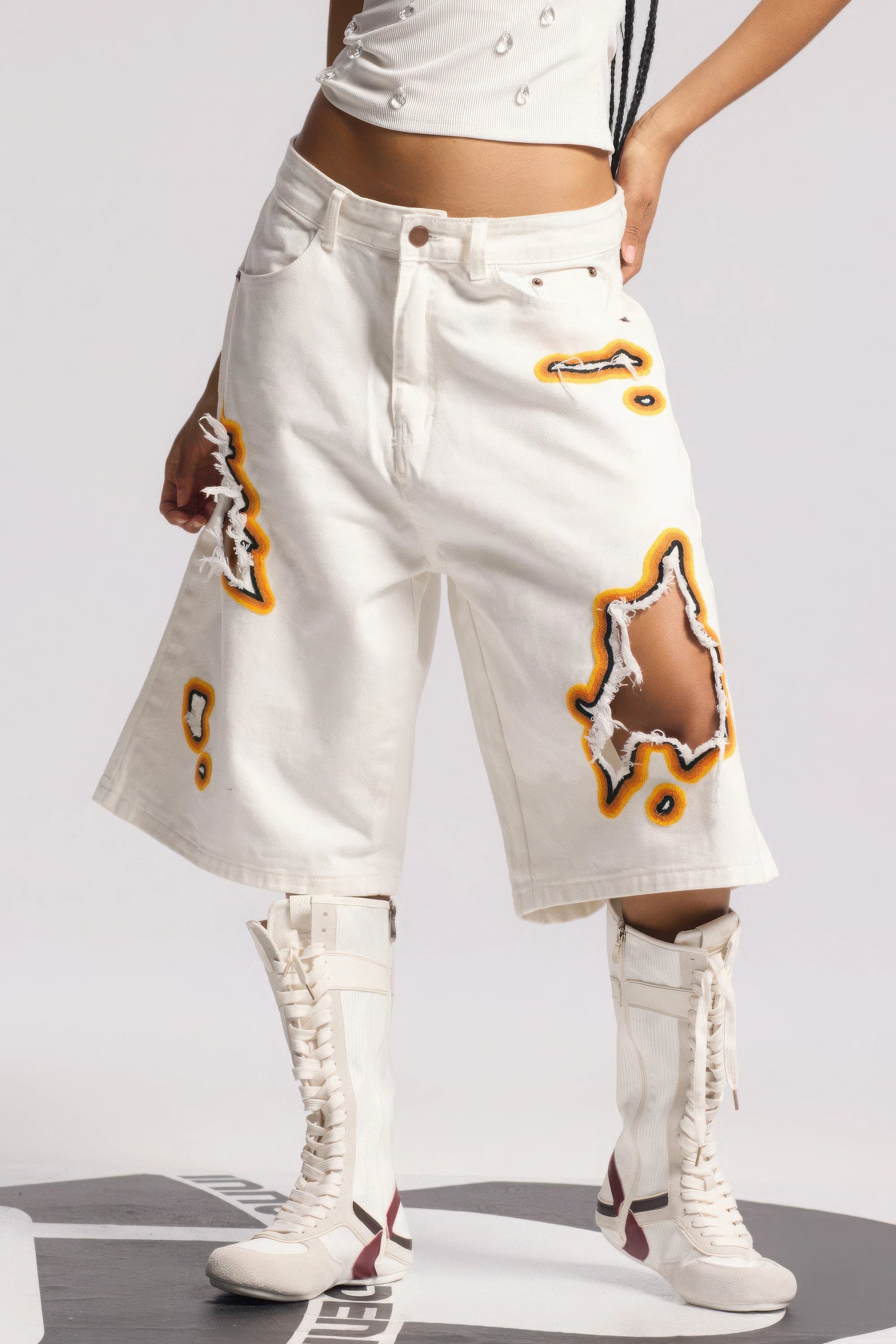 Flame Burnout Distressed Denim Shorts – Bold, Streetwear-Inspired Design - 4inme