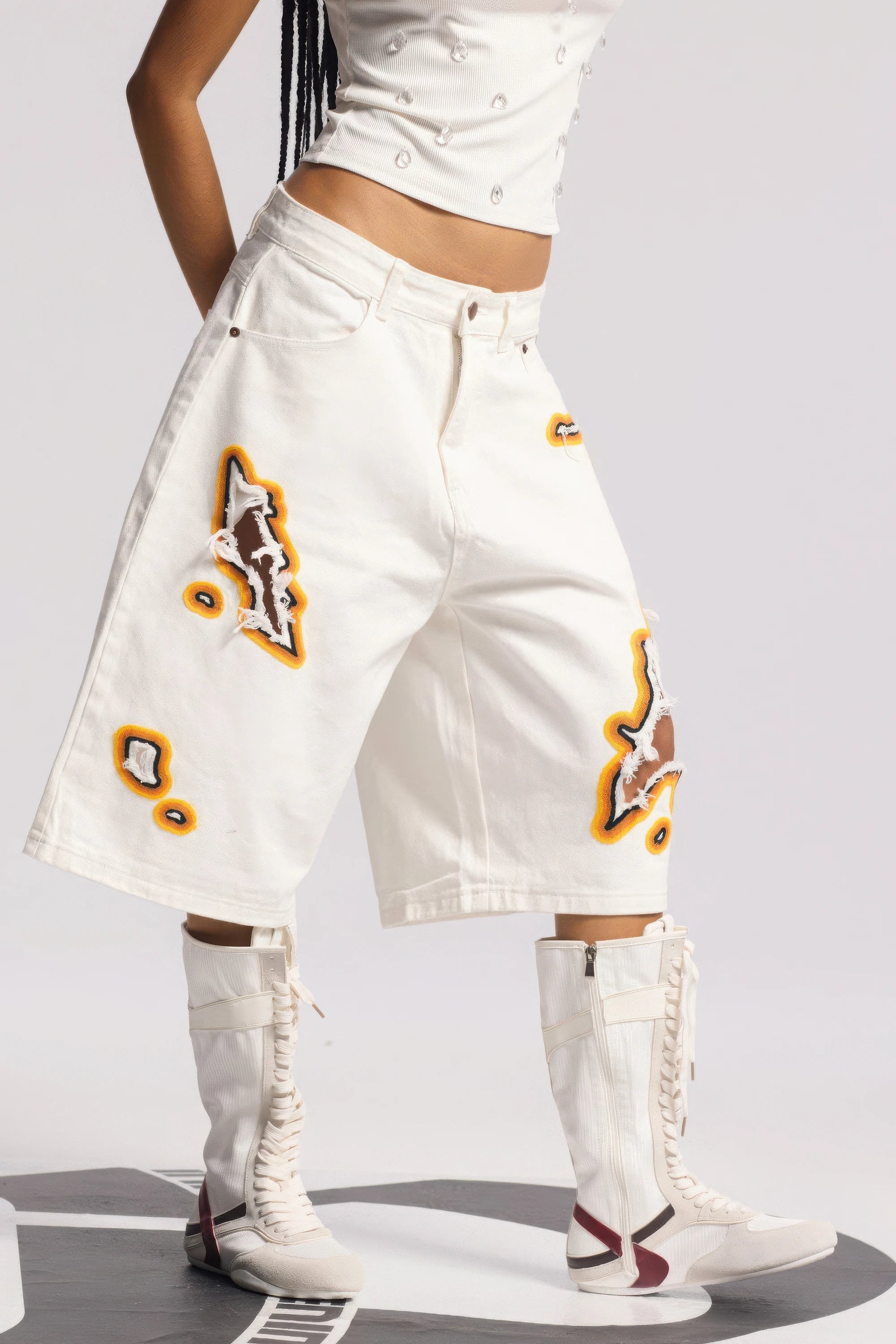 Flame Burnout Distressed Denim Shorts – Bold, Streetwear-Inspired Design - 4inme