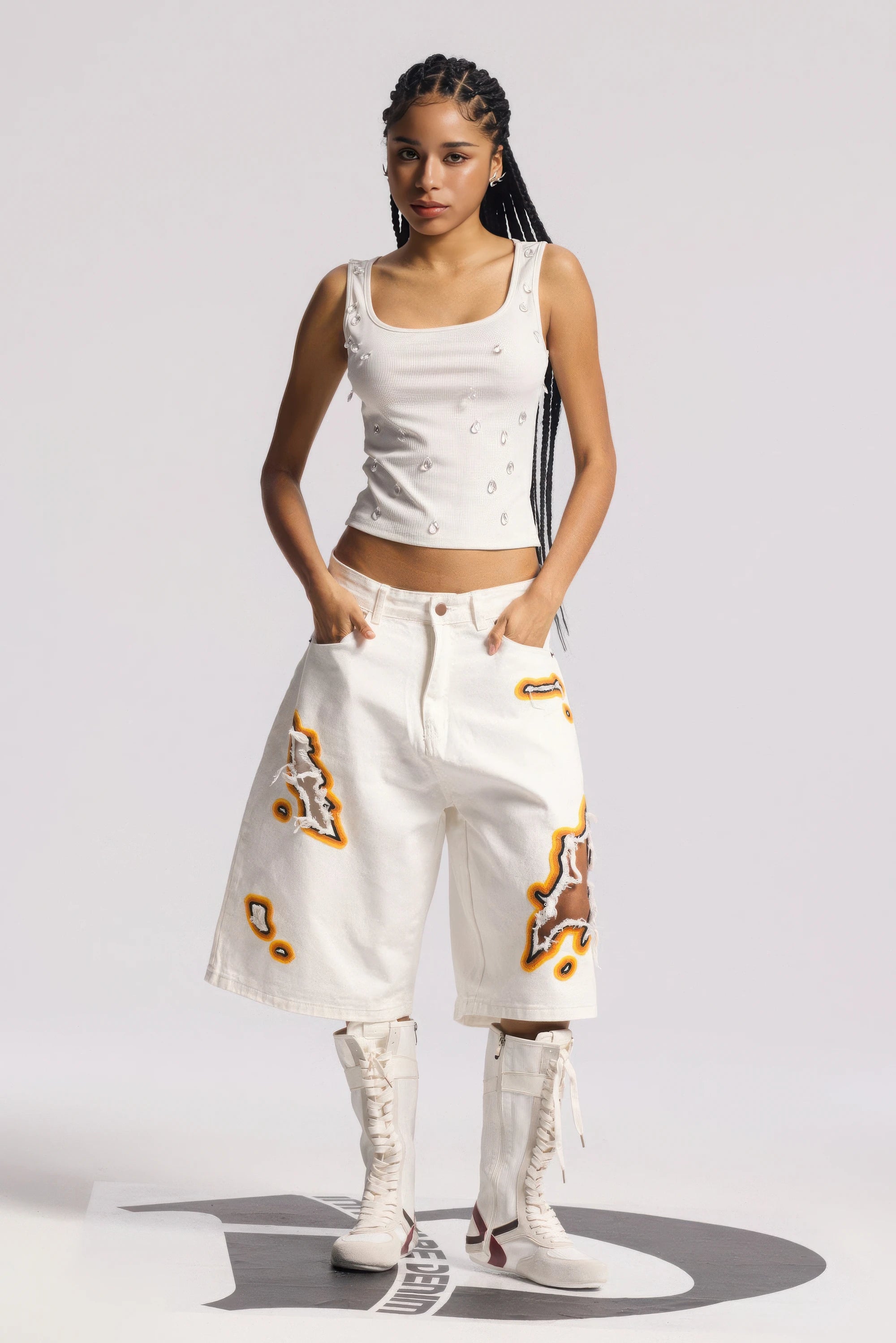 Flame Burnout Distressed Denim Shorts – Bold, Streetwear-Inspired Design - 4inme