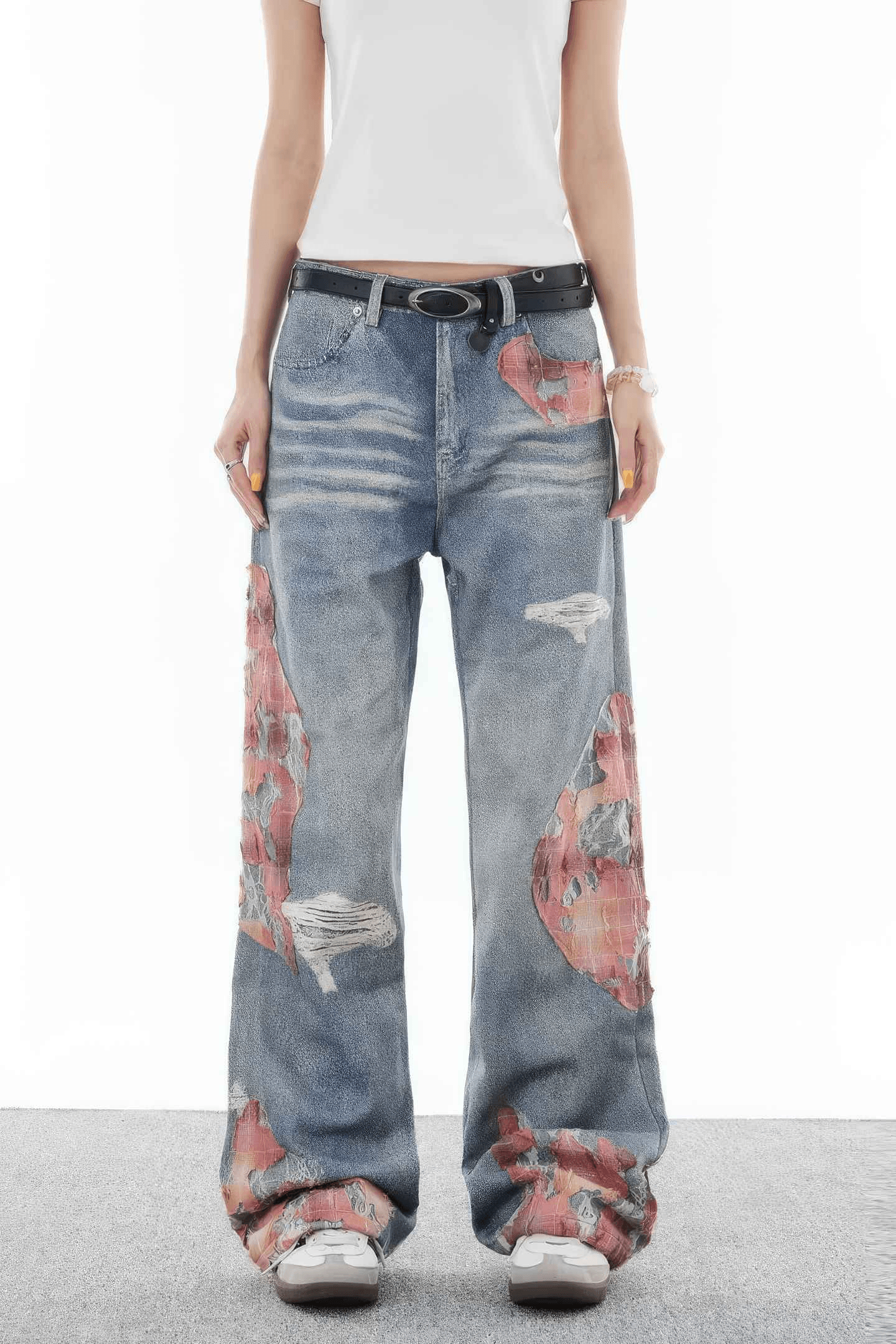 Lace & Flame Patchwork Denim Pants - Wide-Leg, Washed Look - 4inme