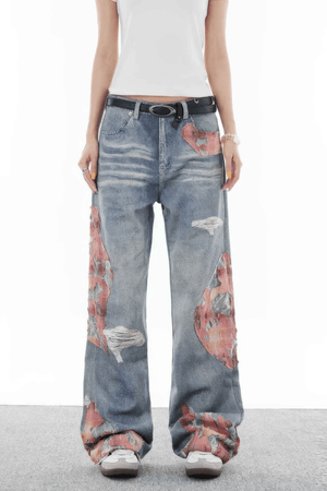 Lace & Flame Patchwork Denim Pants - Wide-Leg, Washed Look - 4inme