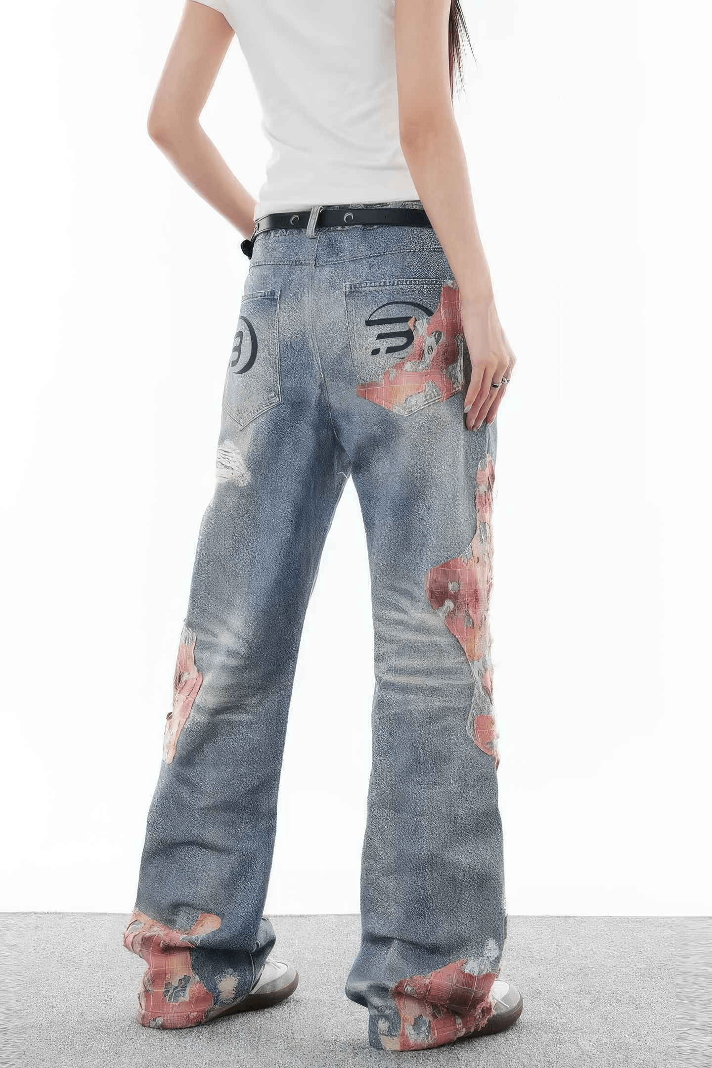 Lace & Flame Patchwork Denim Pants - Wide-Leg, Washed Look - 4inme