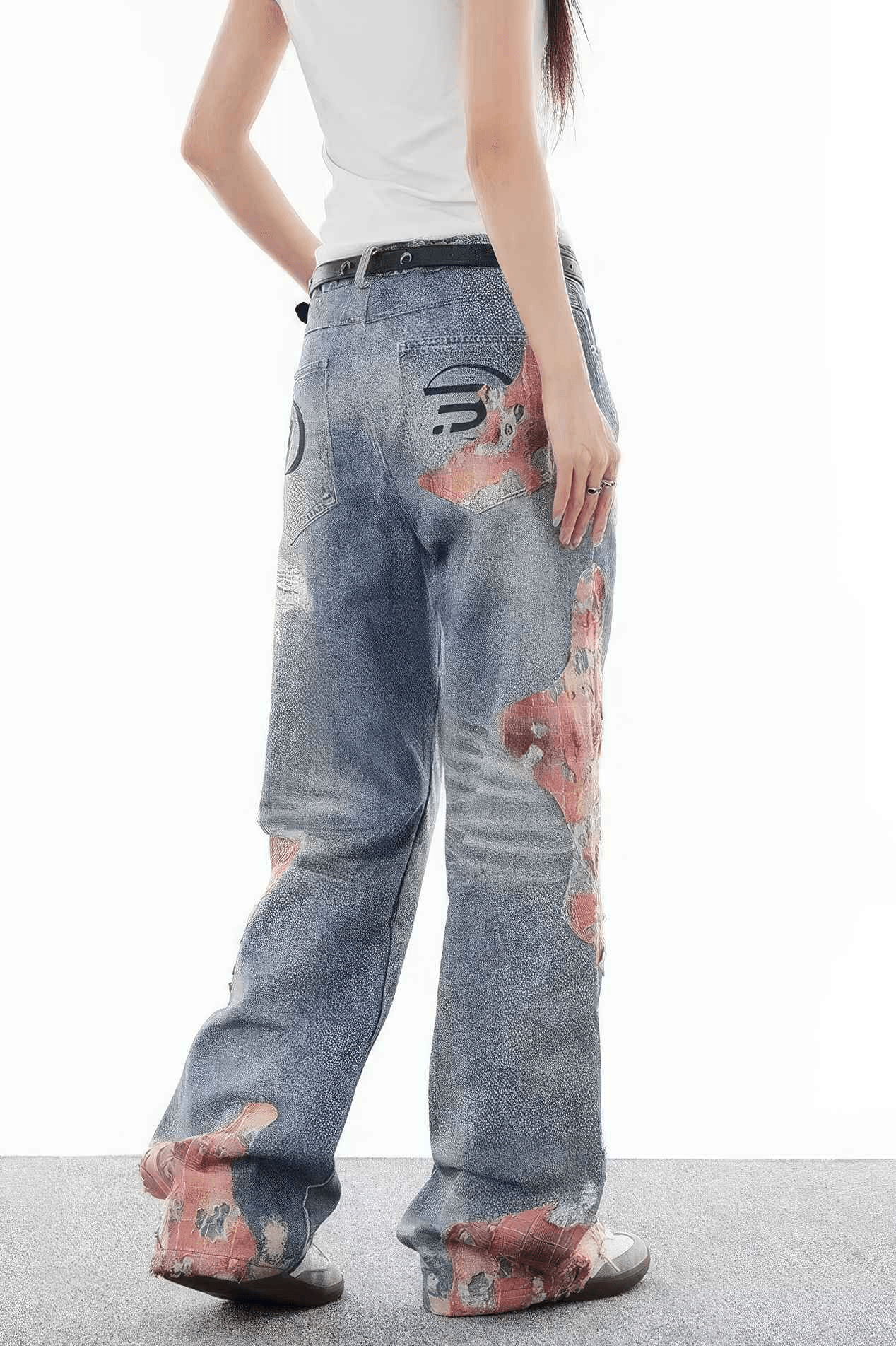 Lace & Flame Patchwork Denim Pants - Wide-Leg, Washed Look - 4inme