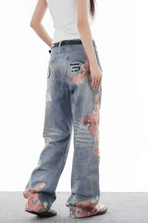Lace & Flame Patchwork Denim Pants - Wide-Leg, Washed Look - 4inme