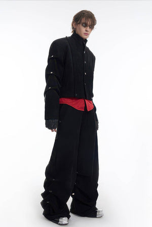 Men's Black Suede Short Jacket - Spring Crinkle Sleeve Coat - 4inme