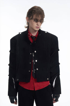 Men's Black Suede Short Jacket - Spring Crinkle Sleeve Coat - 4inme