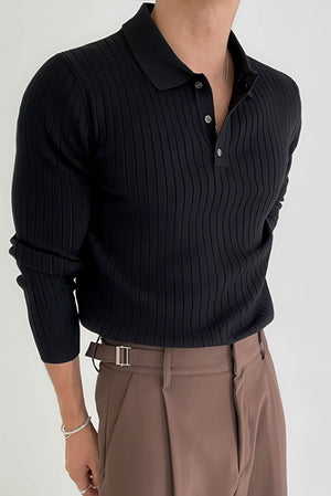 Men's Knit Polo Shirt - Muscle Fit Striped Long Sleeve Top - 4inme
