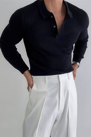 Men's Knit Polo Shirt - Muscle Fit Striped Long Sleeve Top - 4inme