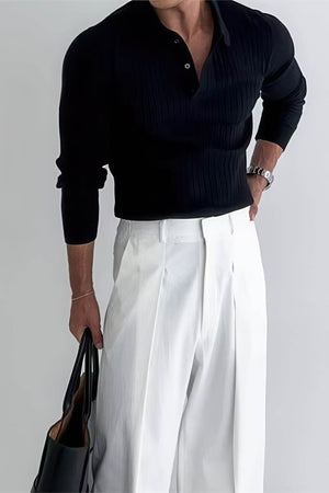 Men's Knit Polo Shirt - Muscle Fit Striped Long Sleeve Top - 4inme