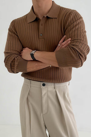 Men's Knit Polo Shirt - Muscle Fit Striped Long Sleeve Top - 4inme
