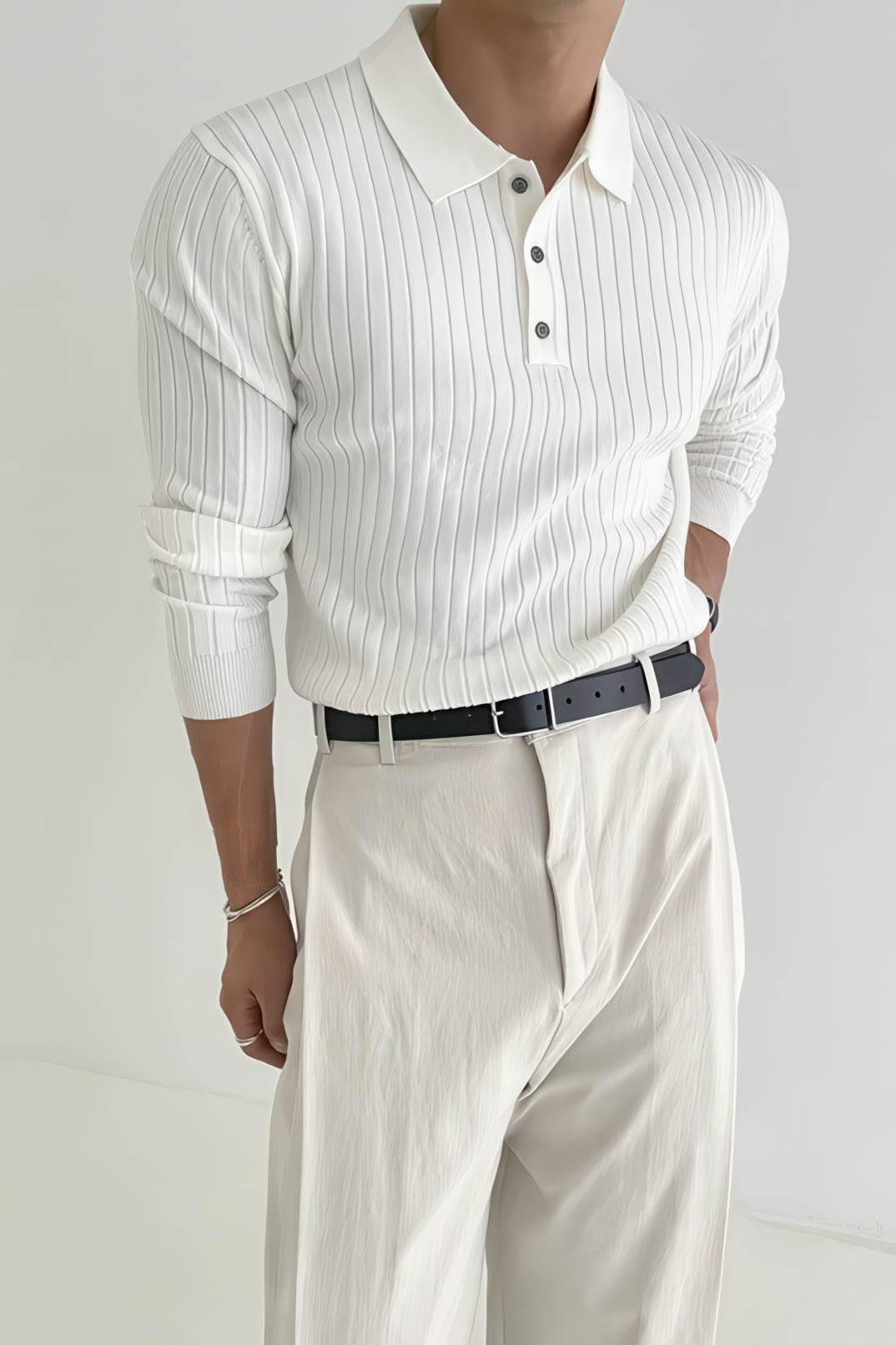 Men's Knit Polo Shirt - Muscle Fit Striped Long Sleeve Top - 4inme