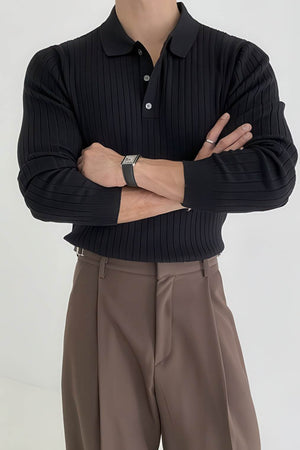 Men's Knit Polo Shirt - Muscle Fit Striped Long Sleeve Top - 4inme
