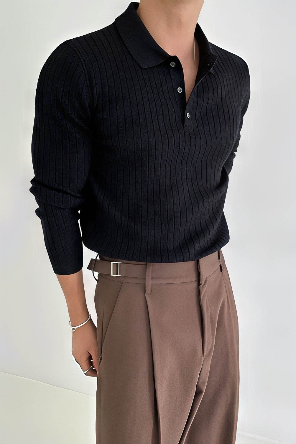 Men's Knit Polo Shirt - Muscle Fit Striped Long Sleeve Top - 4inme