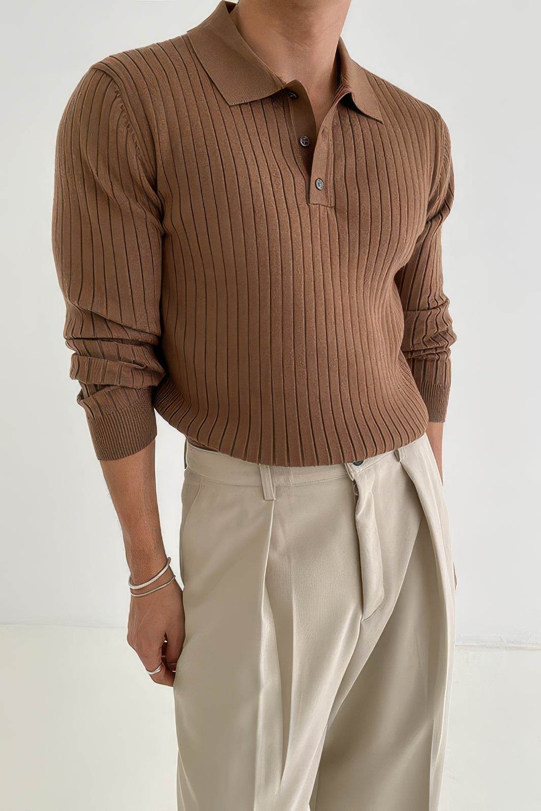 Men's Knit Polo Shirt - Muscle Fit Striped Long Sleeve Top - 4inme