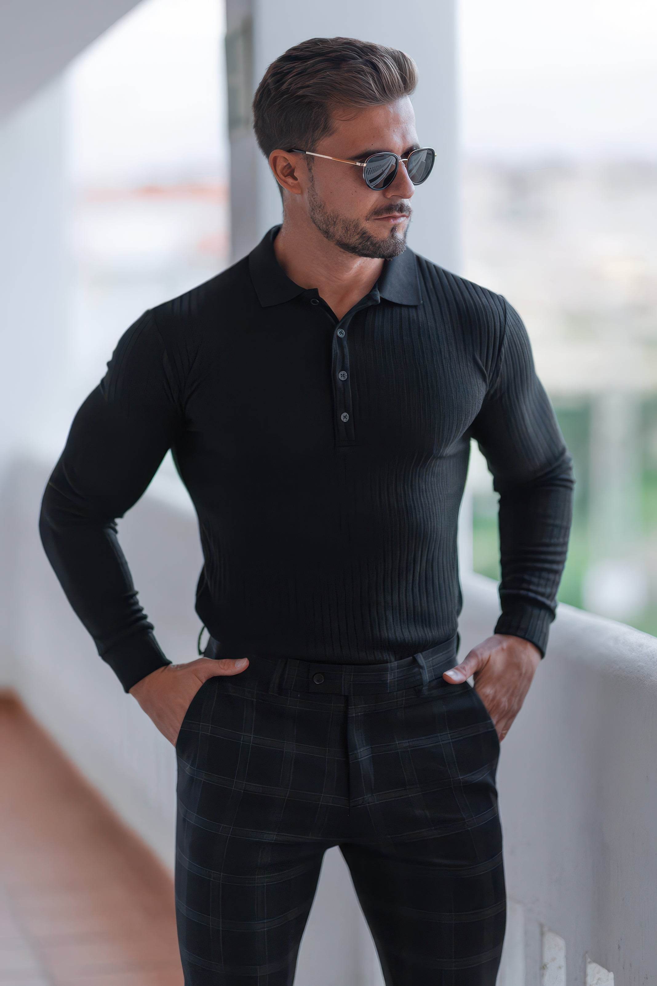 Men's Knit Polo Shirt - Muscle Fit Striped Long Sleeve Top - 4inme