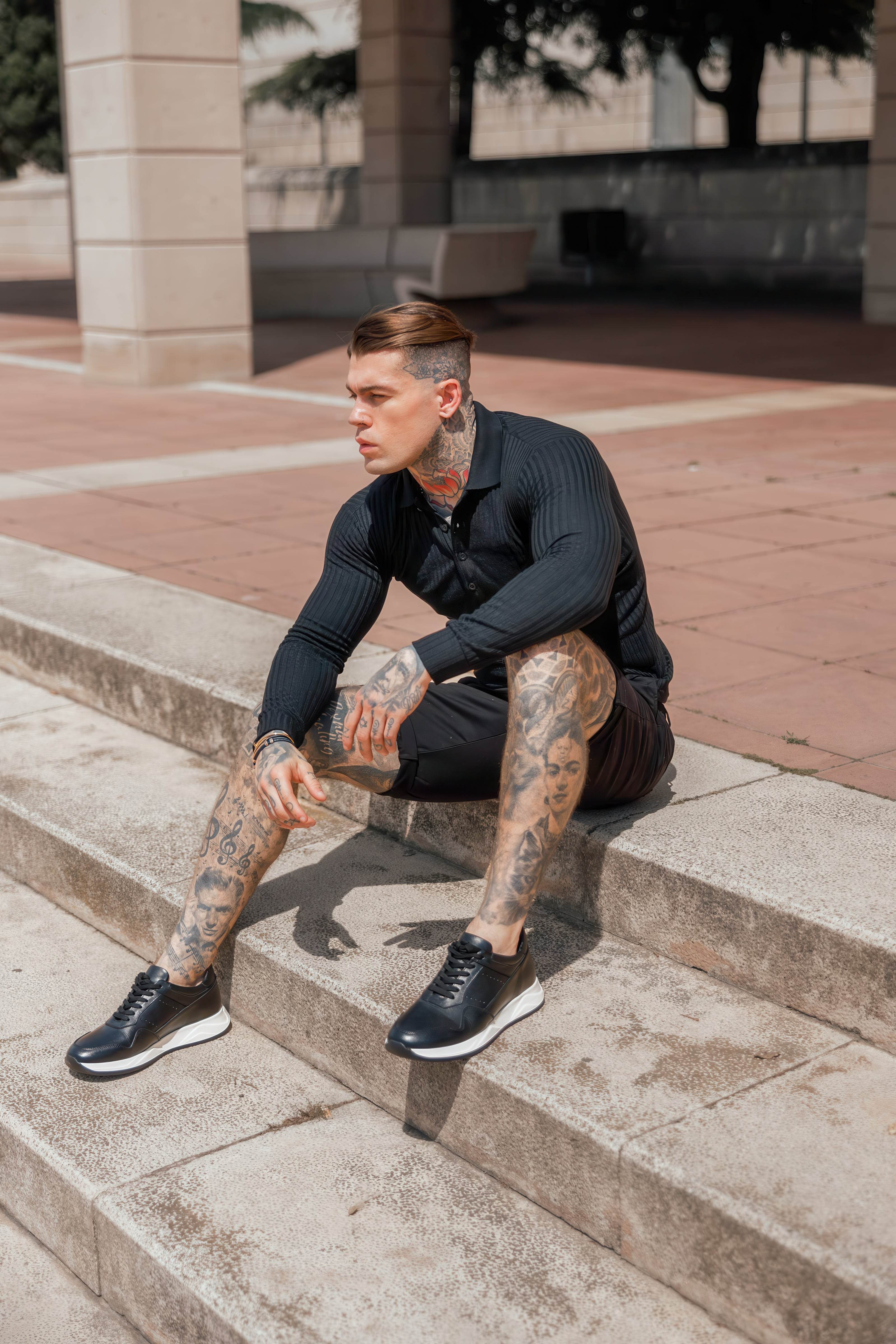 Men's Knit Polo Shirt - Muscle Fit Striped Long Sleeve Top - 4inme