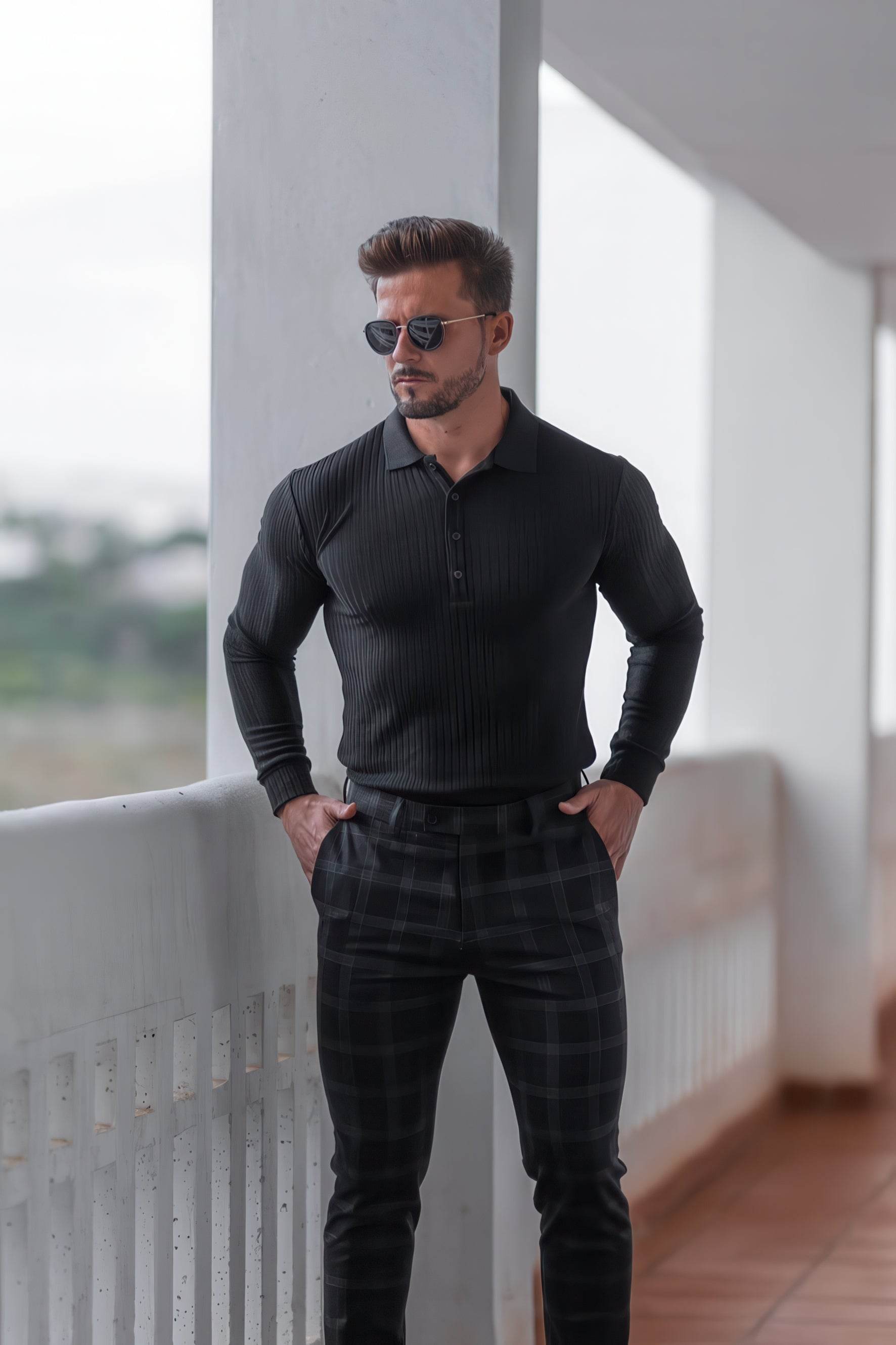 Men's Knit Polo Shirt - Muscle Fit Striped Long Sleeve Top - 4inme