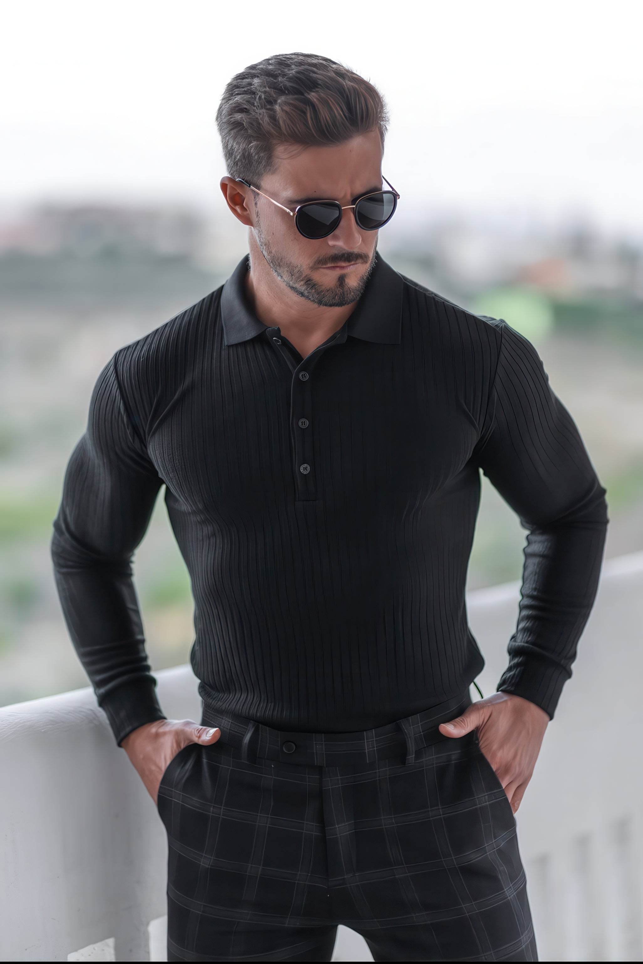 Men's Knit Polo Shirt - Muscle Fit Striped Long Sleeve Top - 4inme