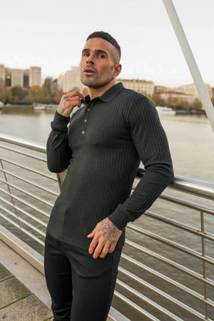 Men's Knit Polo Shirt - Muscle Fit Striped Long Sleeve Top - 4inme