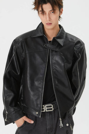 Men's Double Zipper Shoulder-Padded Leather Jacket - 4inme
