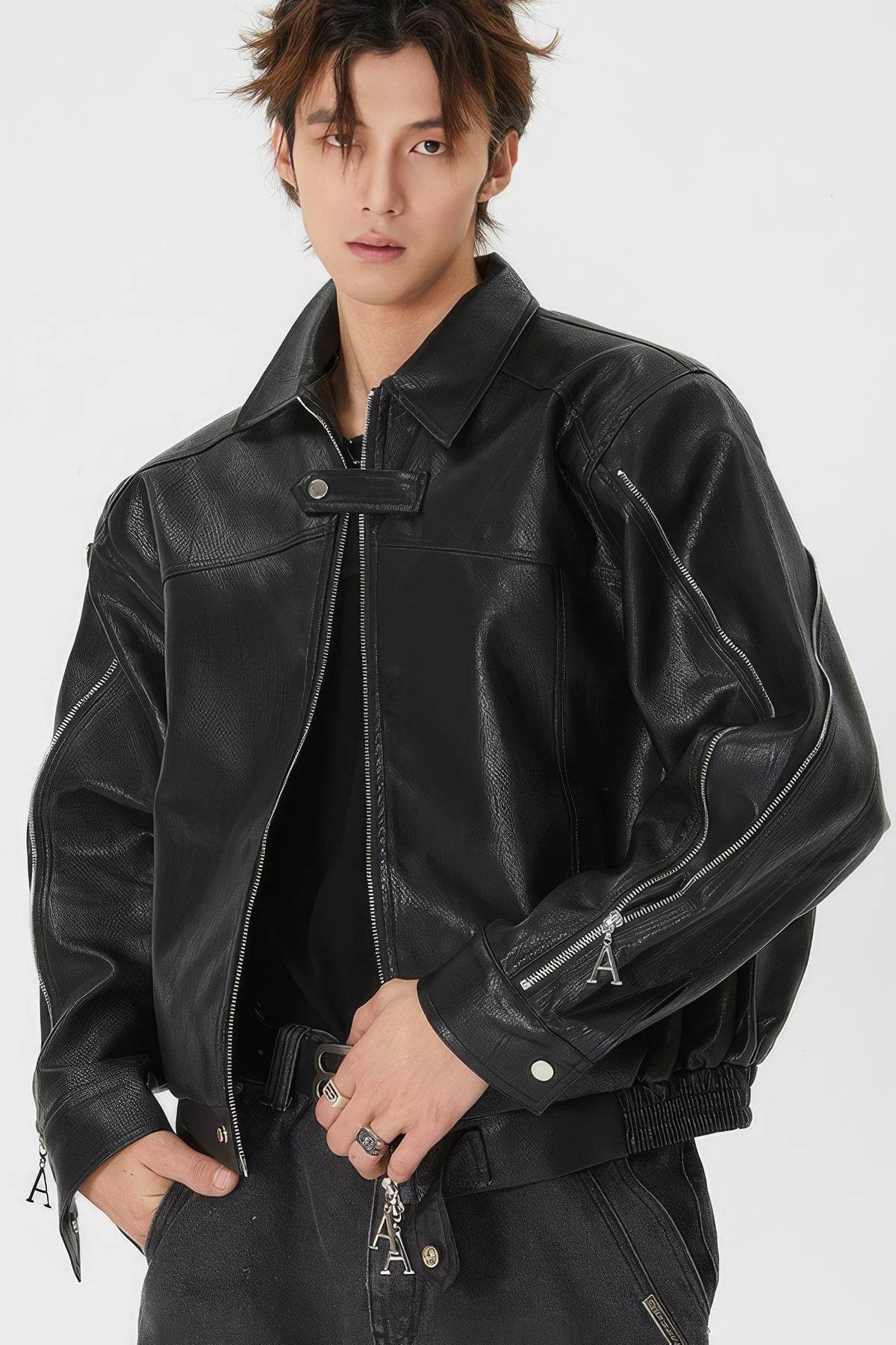 Men's Double Zipper Shoulder-Padded Leather Jacket - 4inme