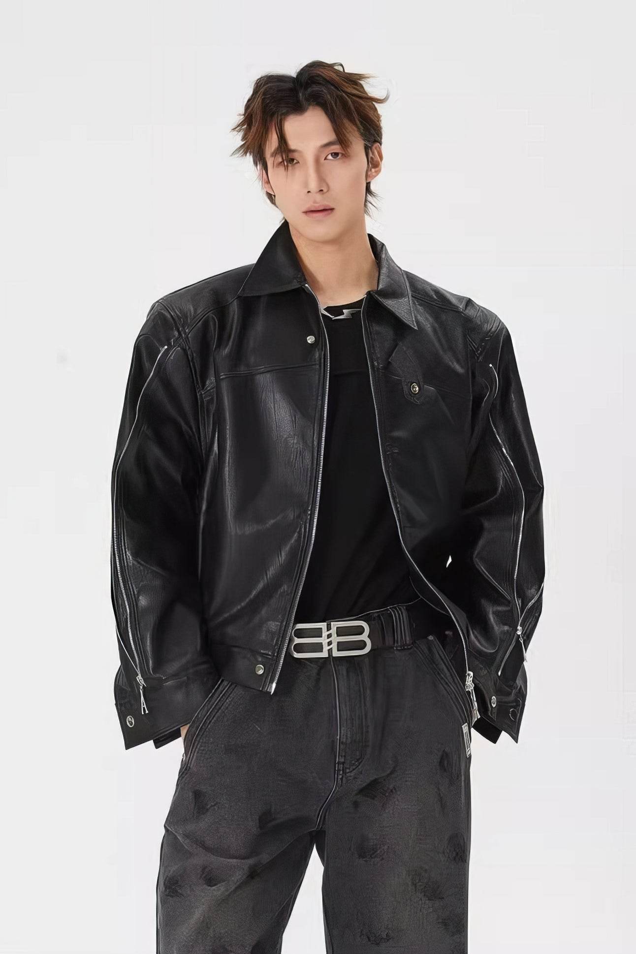 Men's Double Zipper Shoulder-Padded Leather Jacket - 4inme