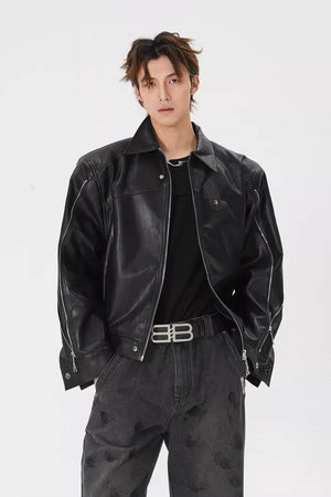 Men's Double Zipper Shoulder-Padded Leather Jacket - 4inme