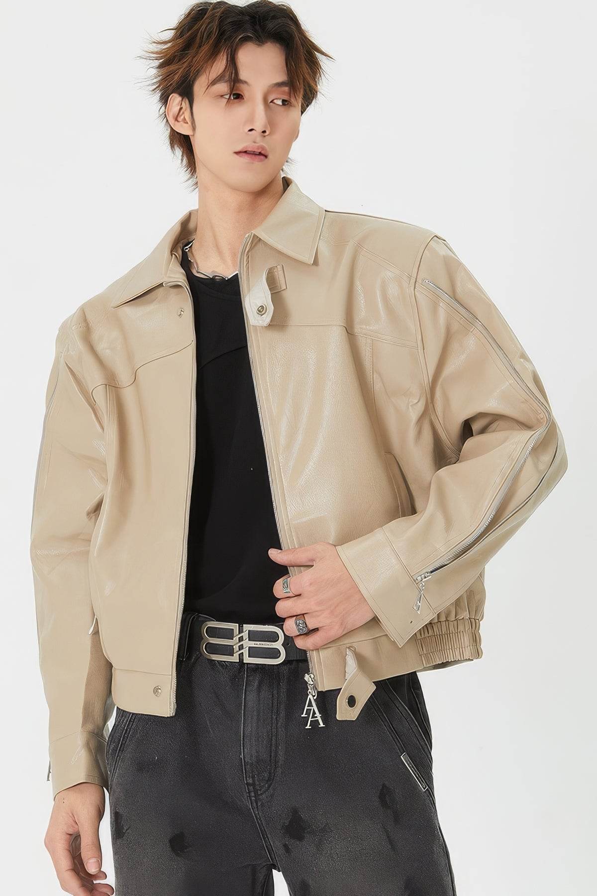 Men's Double Zipper Shoulder-Padded Leather Jacket - 4inme