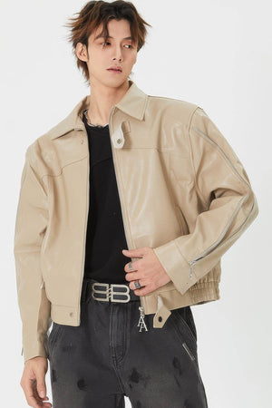 Men's Double Zipper Shoulder-Padded Leather Jacket - 4inme