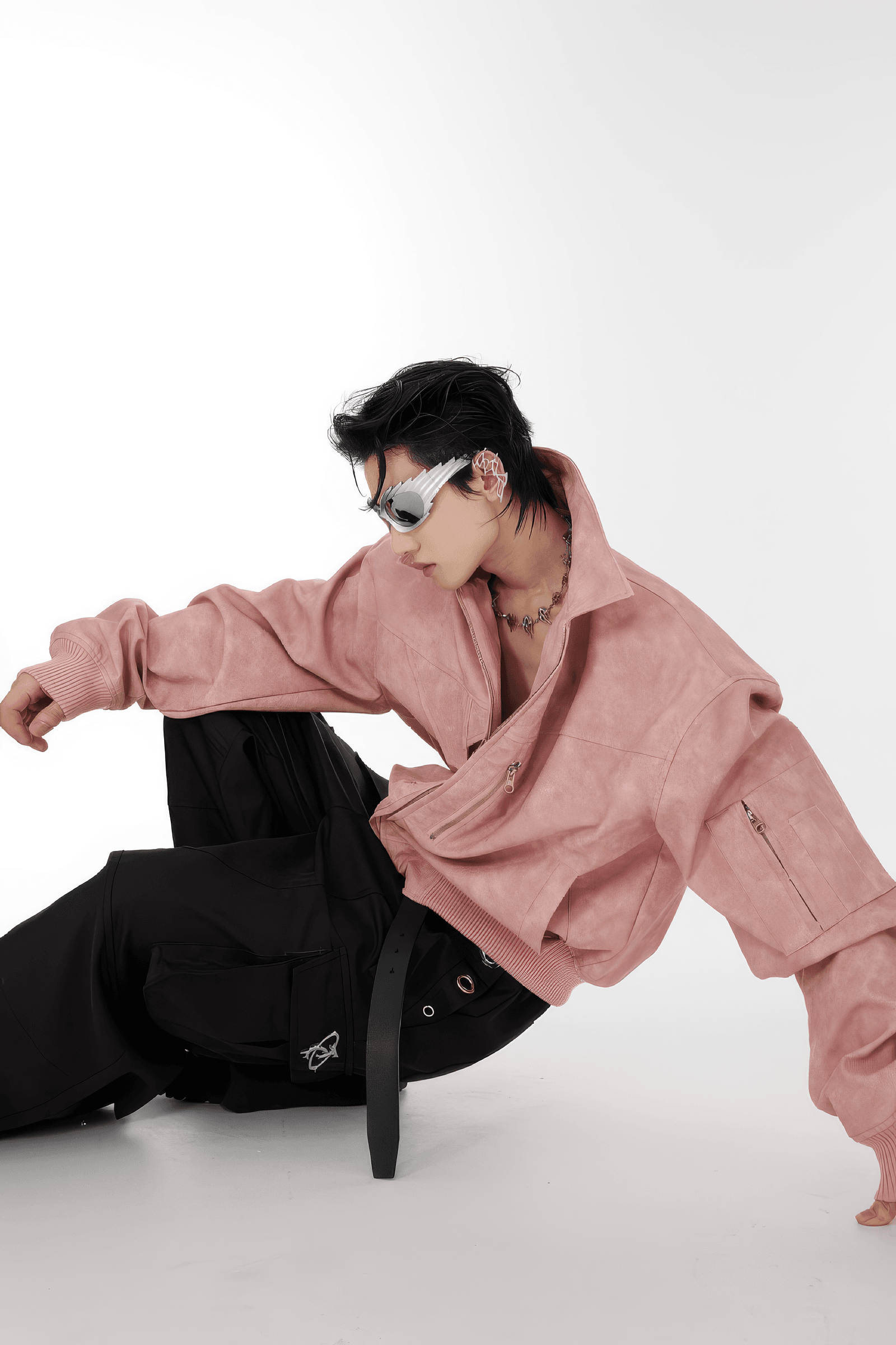 Men’s Trendy Polka Dot Gradient Pink Bomber Jacket with Shoulder Pads & Zipper Details - 4inme