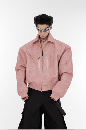 Men’s Trendy Polka Dot Gradient Pink Bomber Jacket with Shoulder Pads & Zipper Details - 4inme