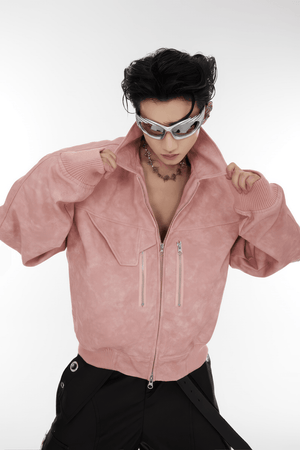 Men’s Trendy Polka Dot Gradient Pink Bomber Jacket with Shoulder Pads & Zipper Details - 4inme